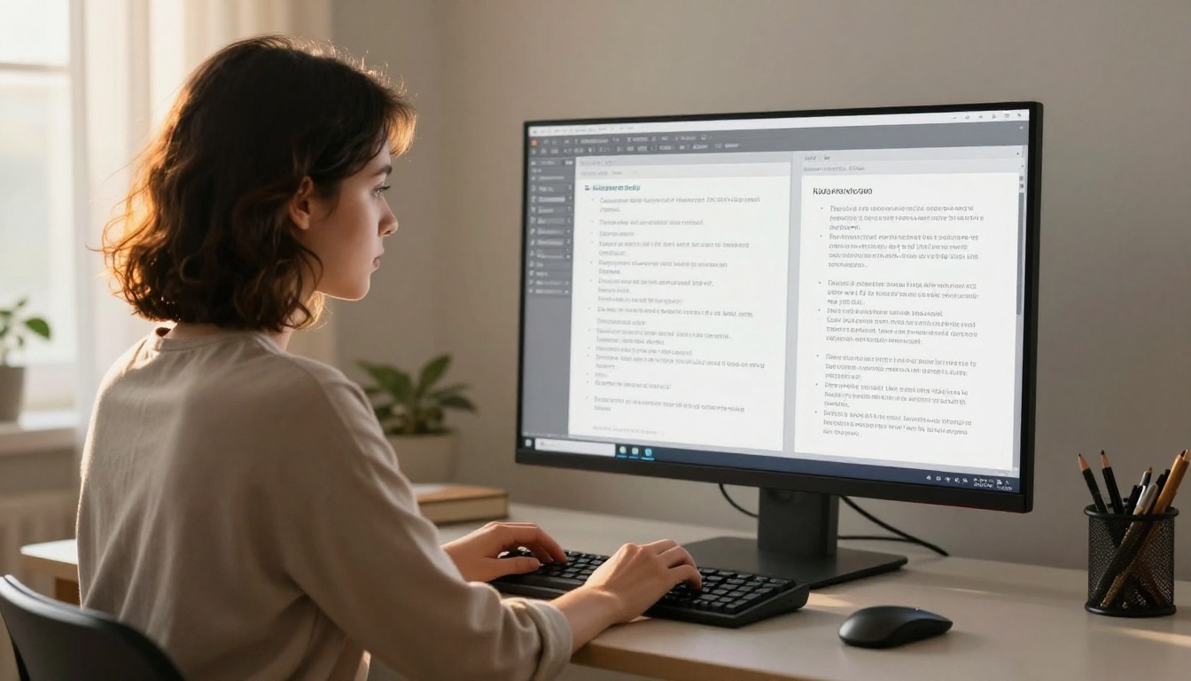 A woman with tousled dark hair typing detailed prompt parameters into an AI image generation interface on a large widescreen monitor