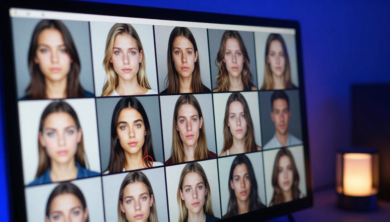 Extreme close-up of a monitor screen displaying a comparison grid of AI portraits, some with anatomical errors highlighted, others crisp and anatomically correct