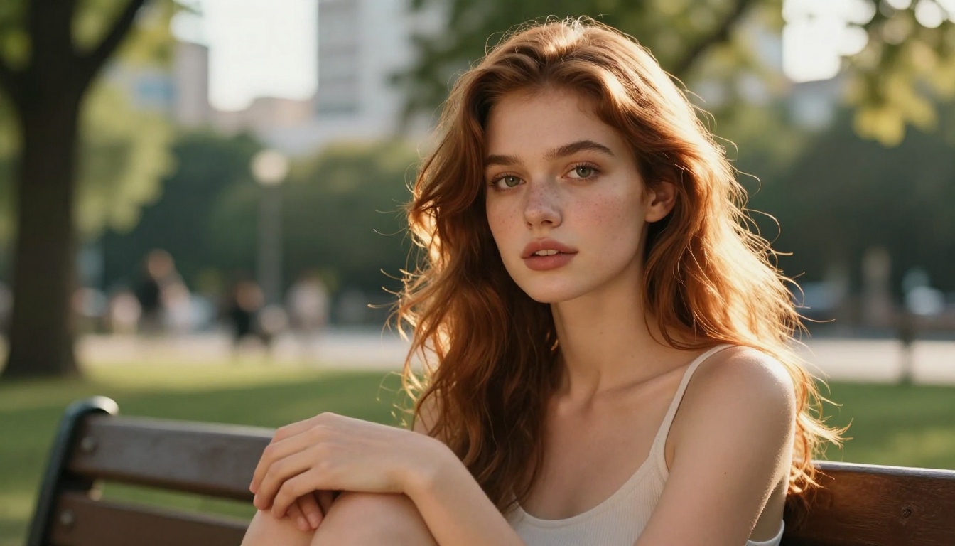 A photorealistic AI-generated portrait of a young woman with clean smooth skin, warm bokeh park background, no artifacts or distortions