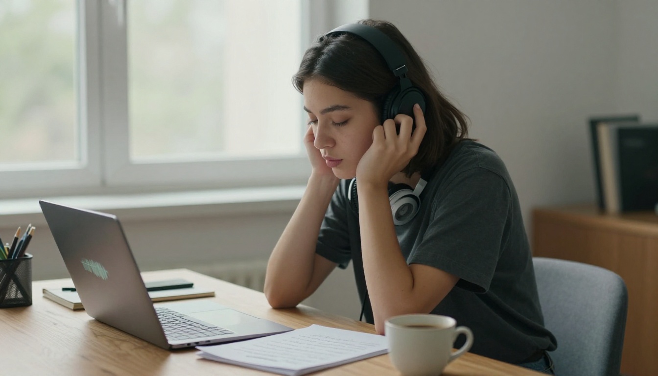 Woman with headphones practicing vocal delivery at a desk