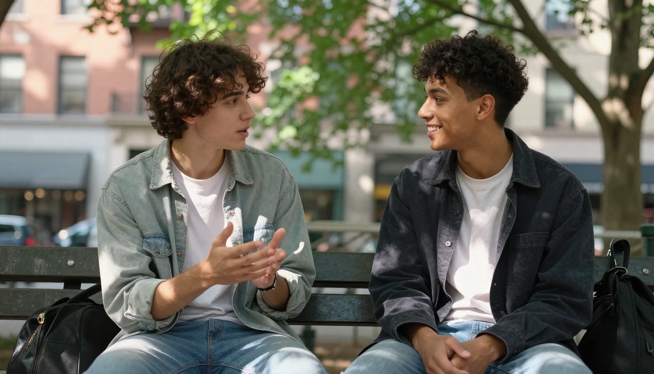 Two people having an animated conversation in a park