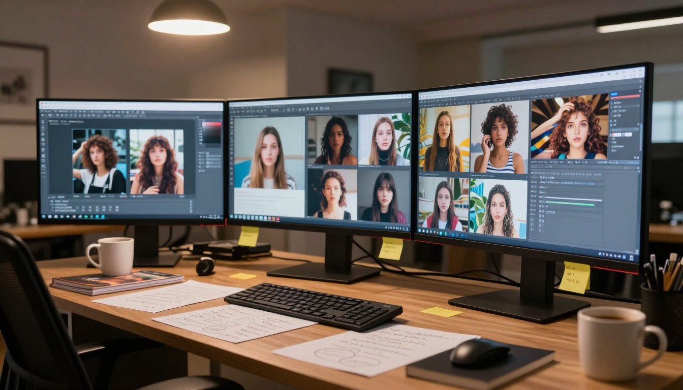 Wide-angle view of a modern creative workspace with a large curved monitor displaying a gallery of AI-generated image results