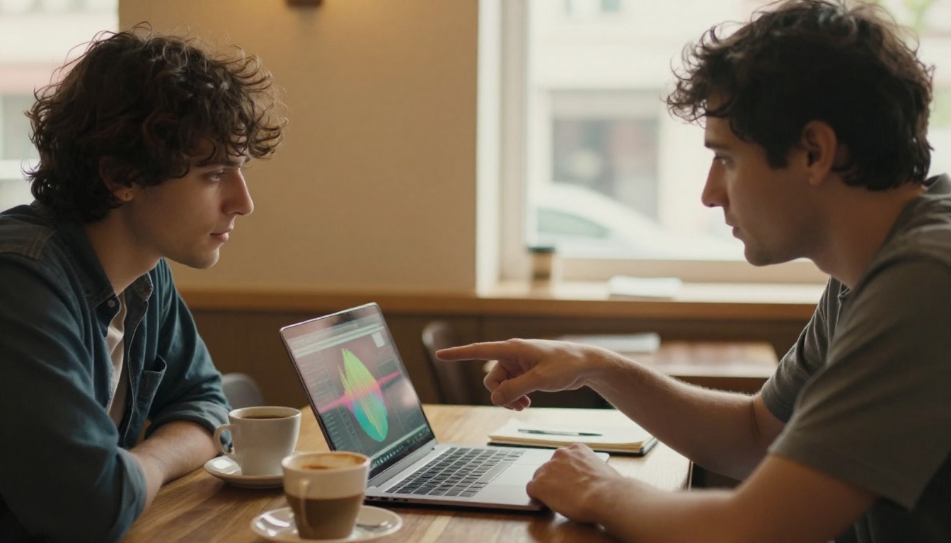Two collaborators working on a laptop at a cafe
