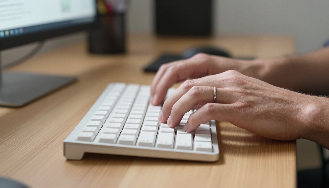 A man's hands close-up resting on a white mechanical keyboard on a clean wooden desk, natural light casting side-shadows, fingers poised to type a new prompt