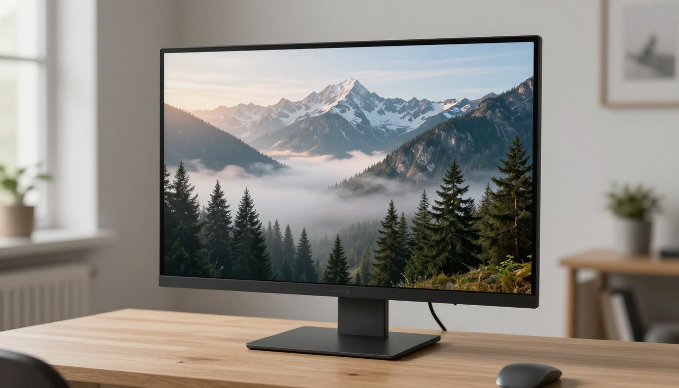 A misty mountain valley at sunrise displayed on a large flat monitor in a clean minimalist studio, the image on screen is crystal clear with no artifacts