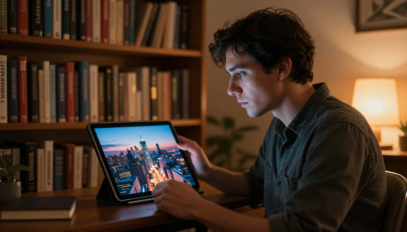 A creative professional in a warm home library holding a tablet displaying a vivid AI-generated cityscape, screen light illuminating their face