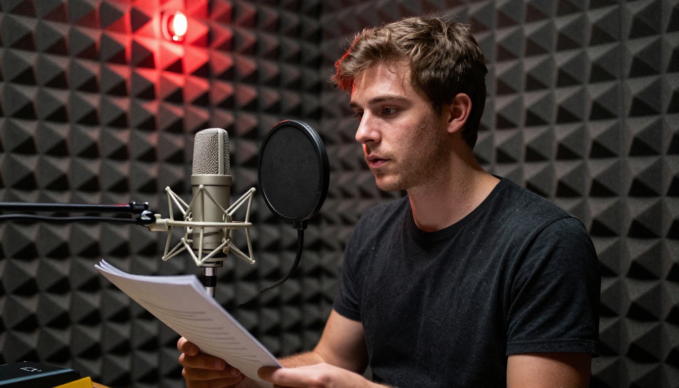 Man in a vocal booth recording with a condenser microphone