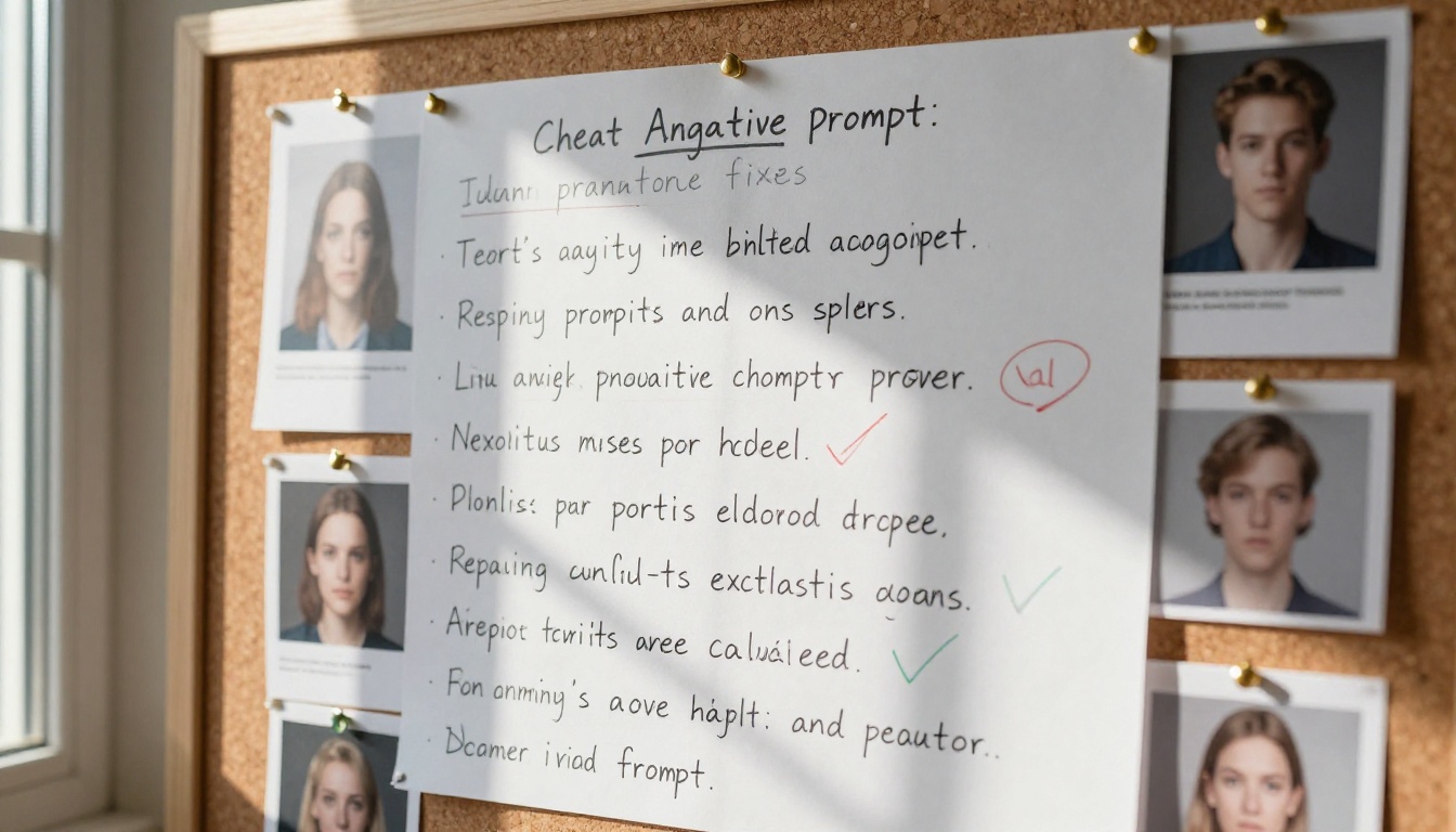 A printed negative prompt cheat sheet pinned to a cork board with small AI test images annotated with red circles and green checkmarks