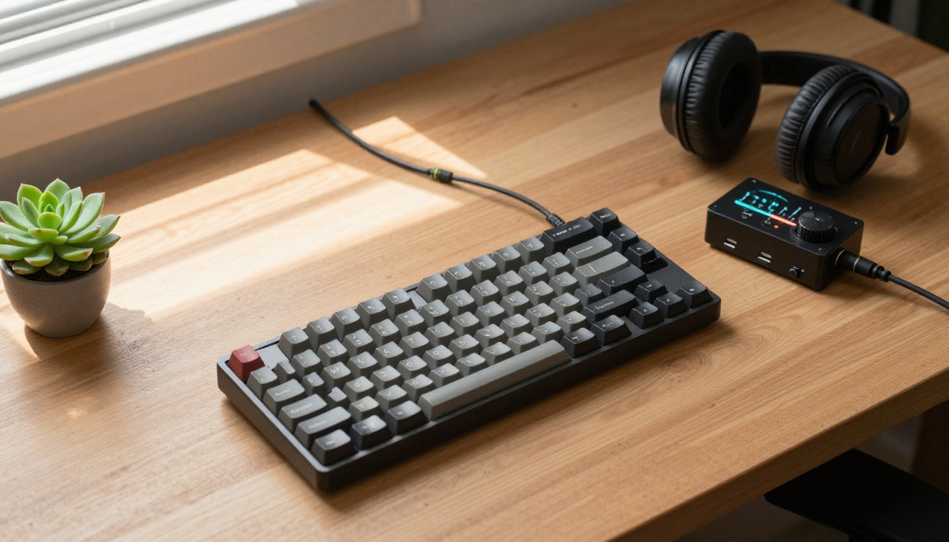 Aerial view of a desk setup with audio interface and headphones