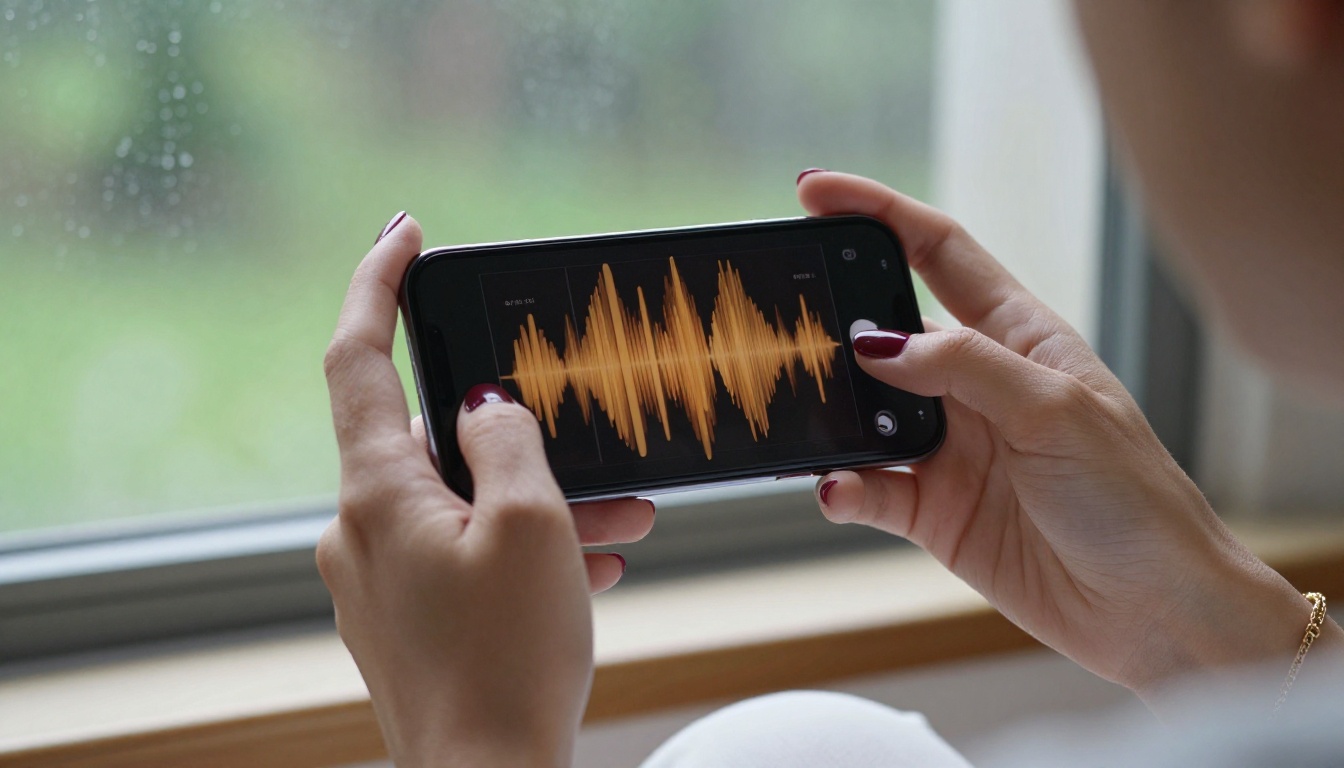 Woman's hands holding phone showing audio waveform, gold bracelet, rainy window