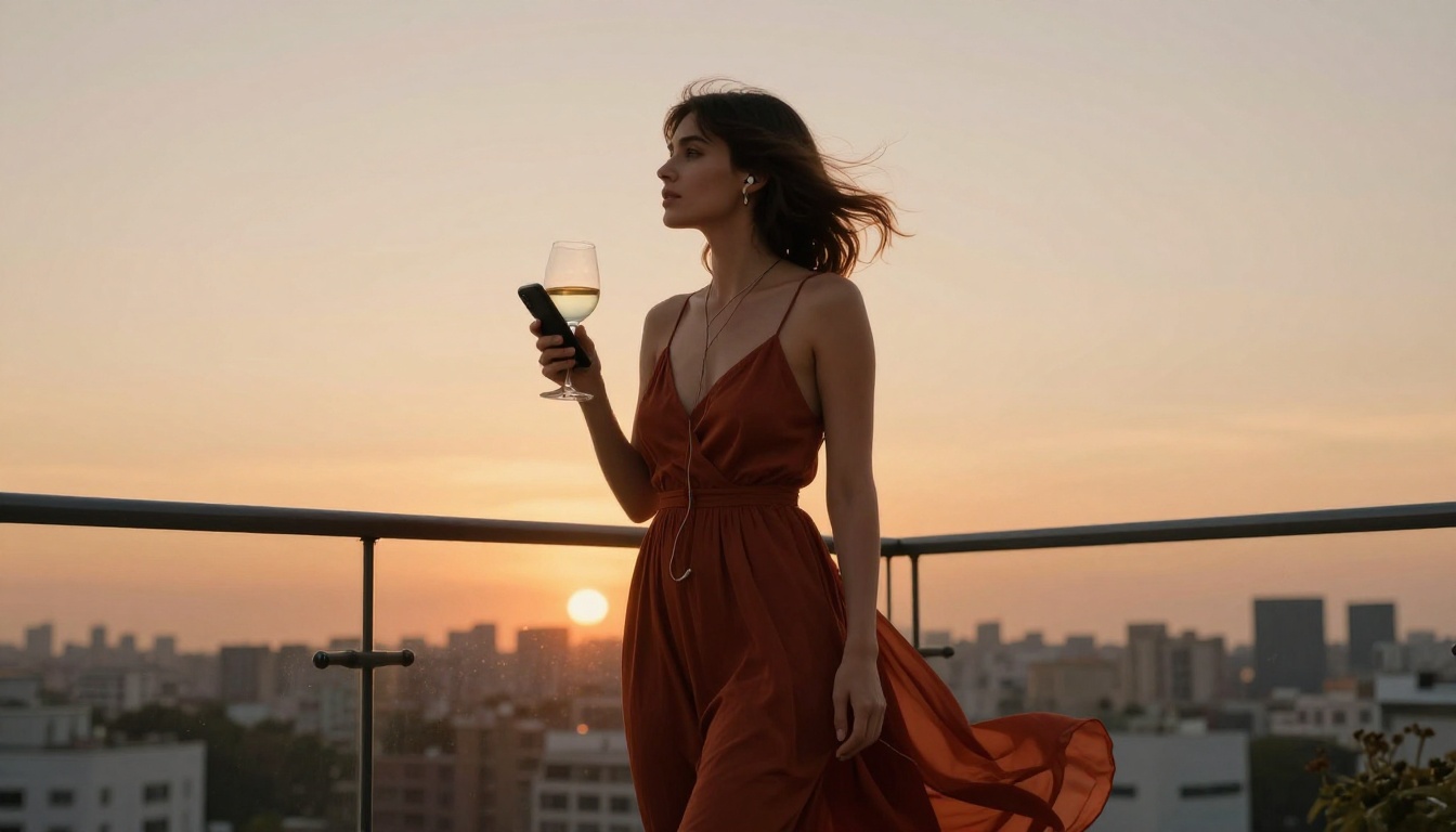 Woman on penthouse terrace at golden hour holding wine and phone, city skyline backdrop
