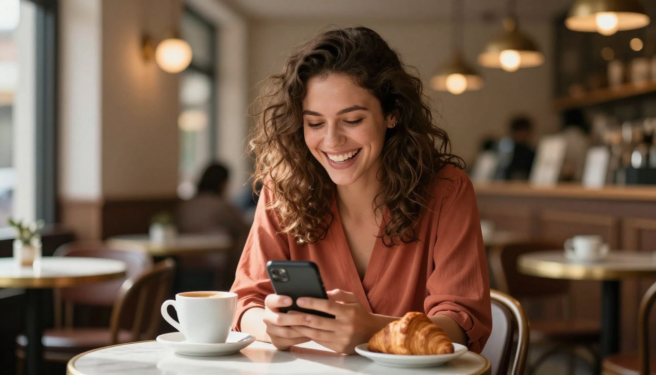 Woman laughing freely at her phone in a cafe Woman laughing freely at her phone in a cafe