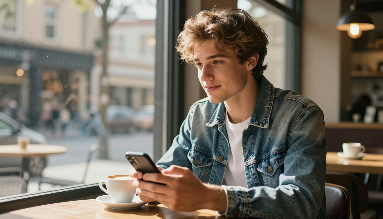 Man enjoying a relaxed conversation at a coffee shop Man enjoying a relaxed conversation at a coffee shop