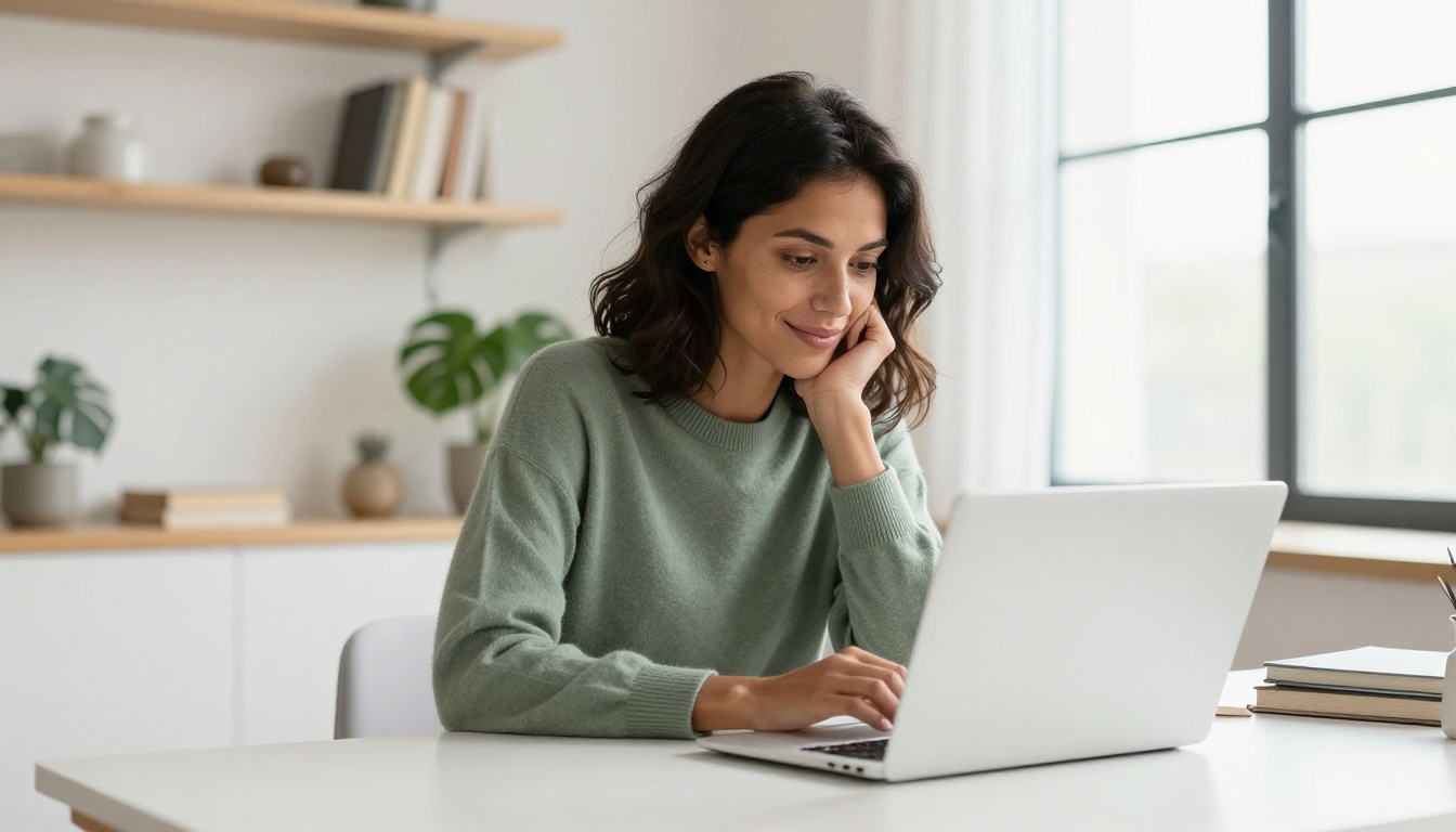 Woman having a thoughtful conversation on her laptop at home Woman having a thoughtful conversation on her laptop at home