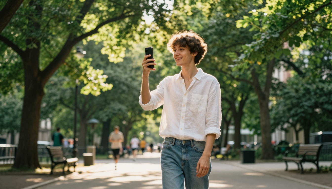 Person walking freely in a sunny park with their phone Person walking freely in a sunny park with their phone