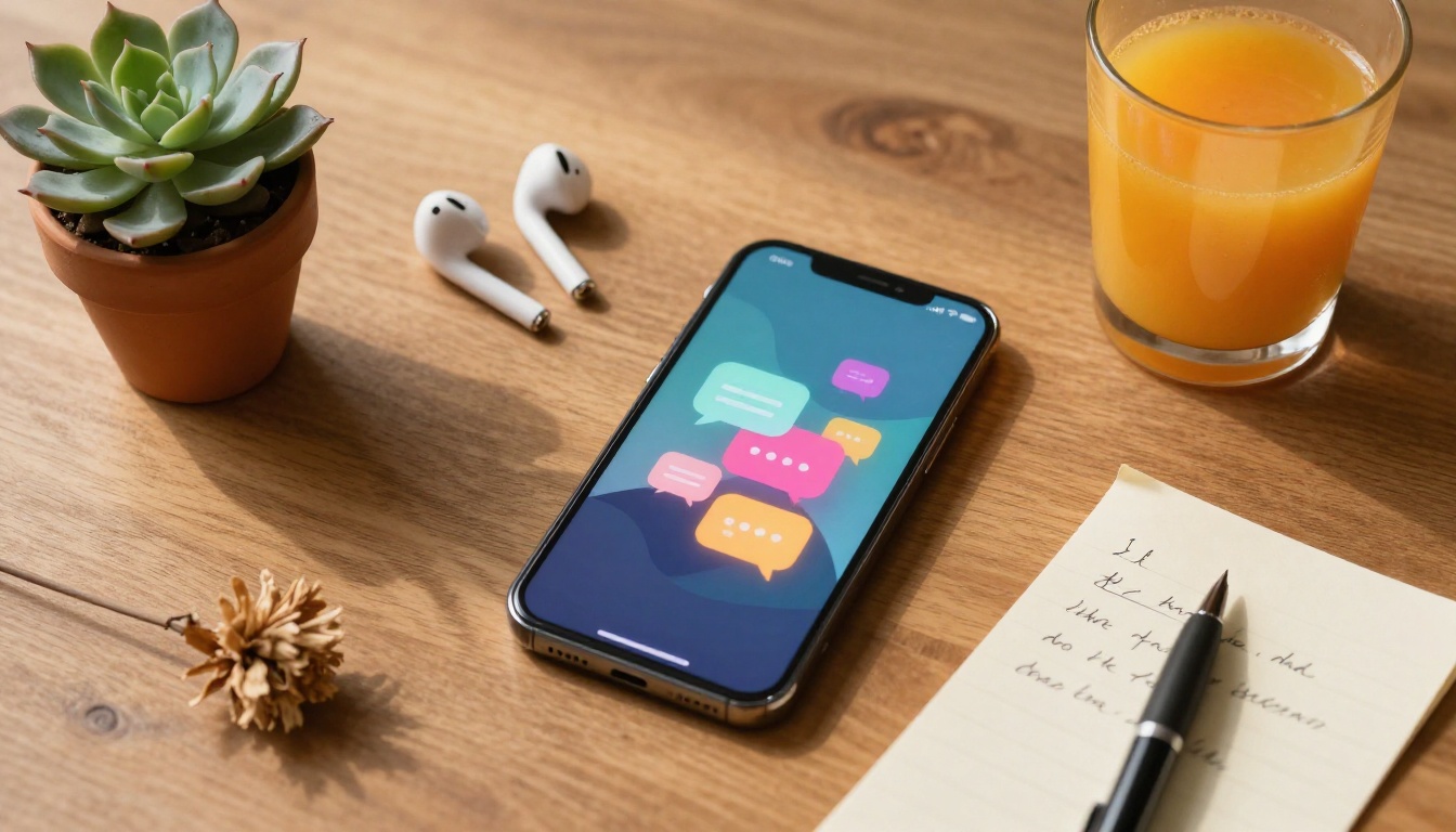 Phone and accessories on a wooden surface ready for chat Phone and accessories on a wooden surface ready for chat