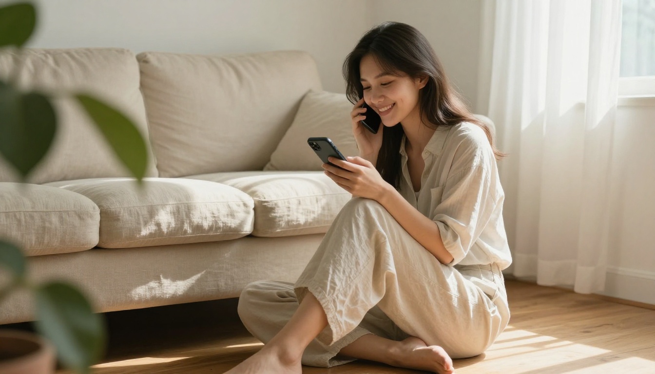 Woman absorbed in authentic AI conversation on her phone