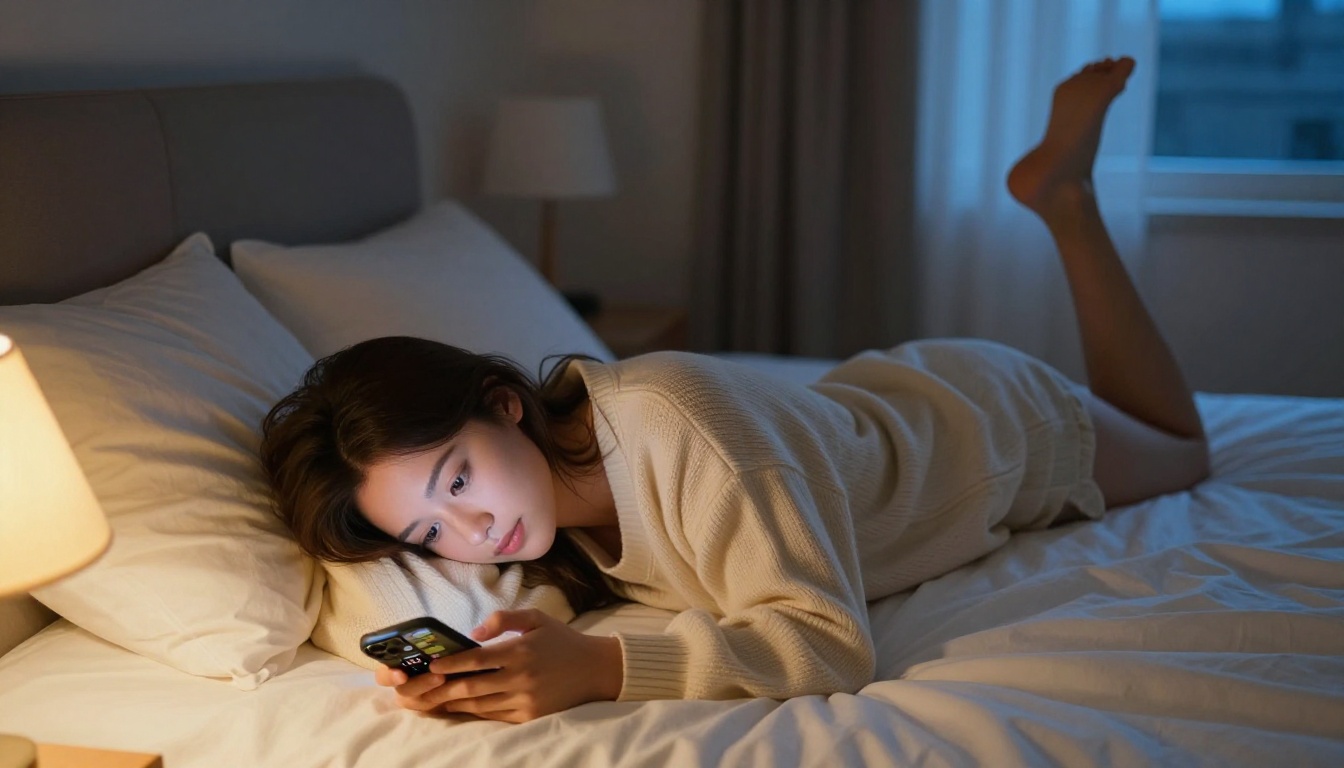 Woman lying on bed fully engaged in AI conversation with genuine emotion