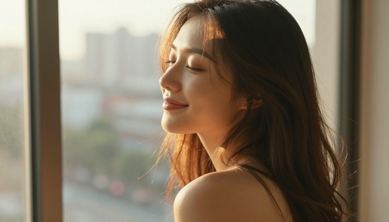 Young woman at window experiencing genuine emotional connection with AI