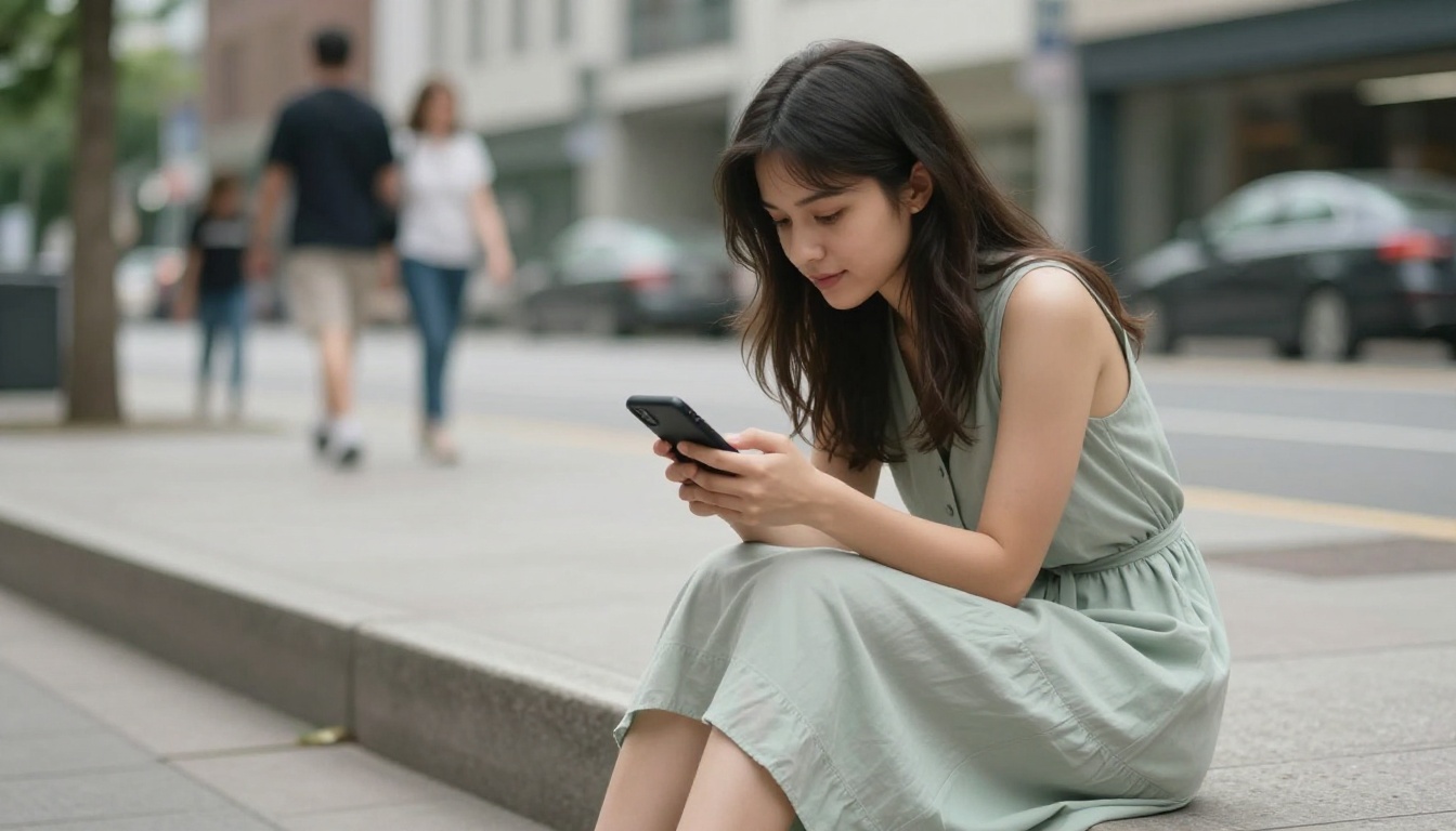 Young woman sitting outdoors fully absorbed in meaningful AI companion conversation