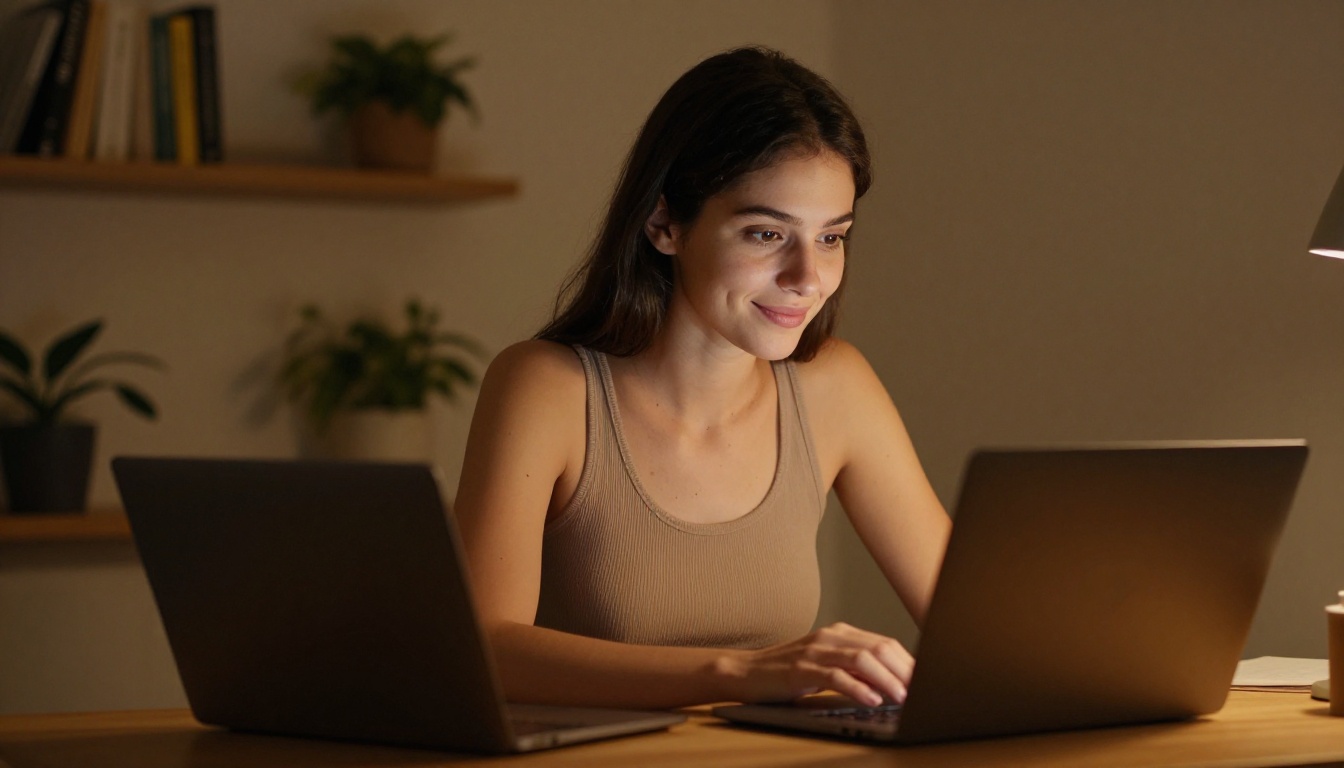 Woman at desk in warm lamp light working with genuine emotional focus and presence