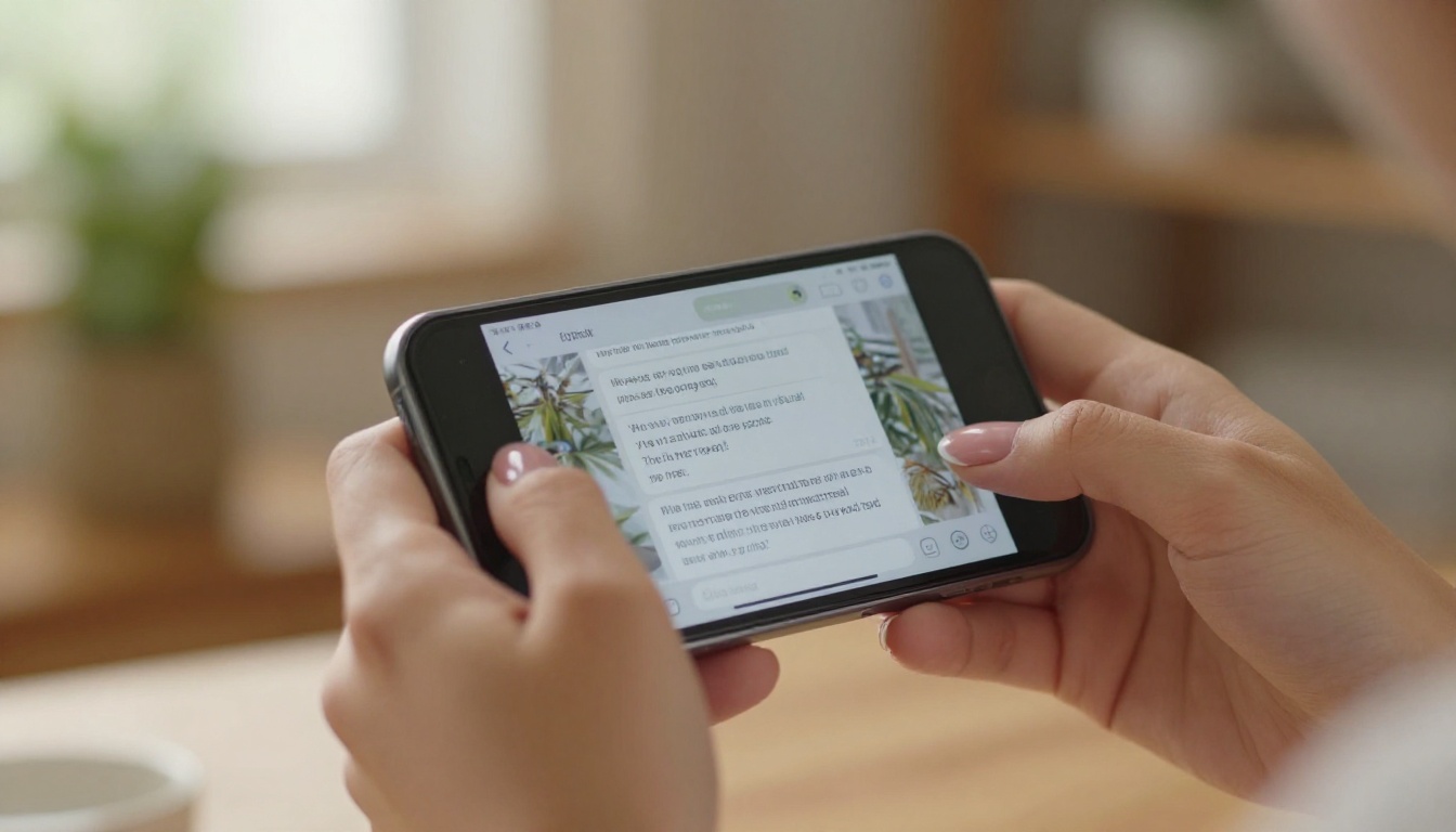 Close-up of hands holding phone with intimate AI conversation visible on screen