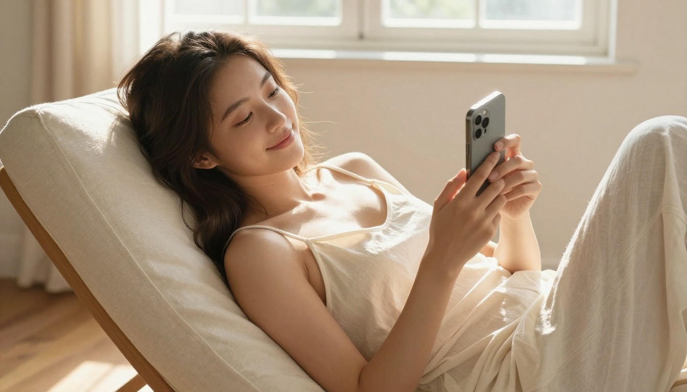 Woman reclining in morning light with a genuine private smile reading from her phone