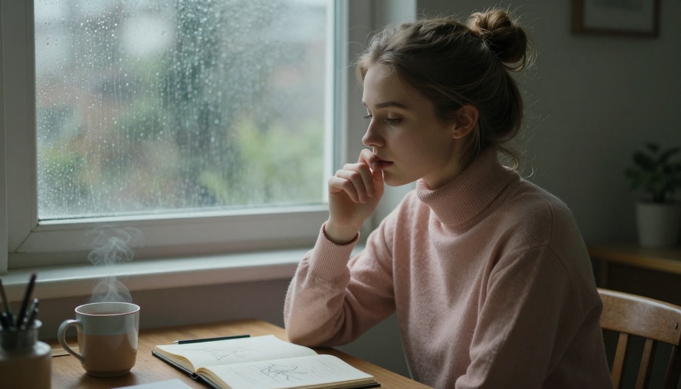 A young woman with light brown hair pulled into a loose bun sitting at a wooden desk by a rain-streaked window, pressing a fingertip to her lips in a pensive gesture