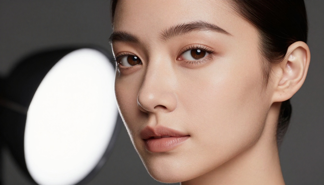 Close-up portrait of a woman with sophisticated makeup under professional studio octabox lighting