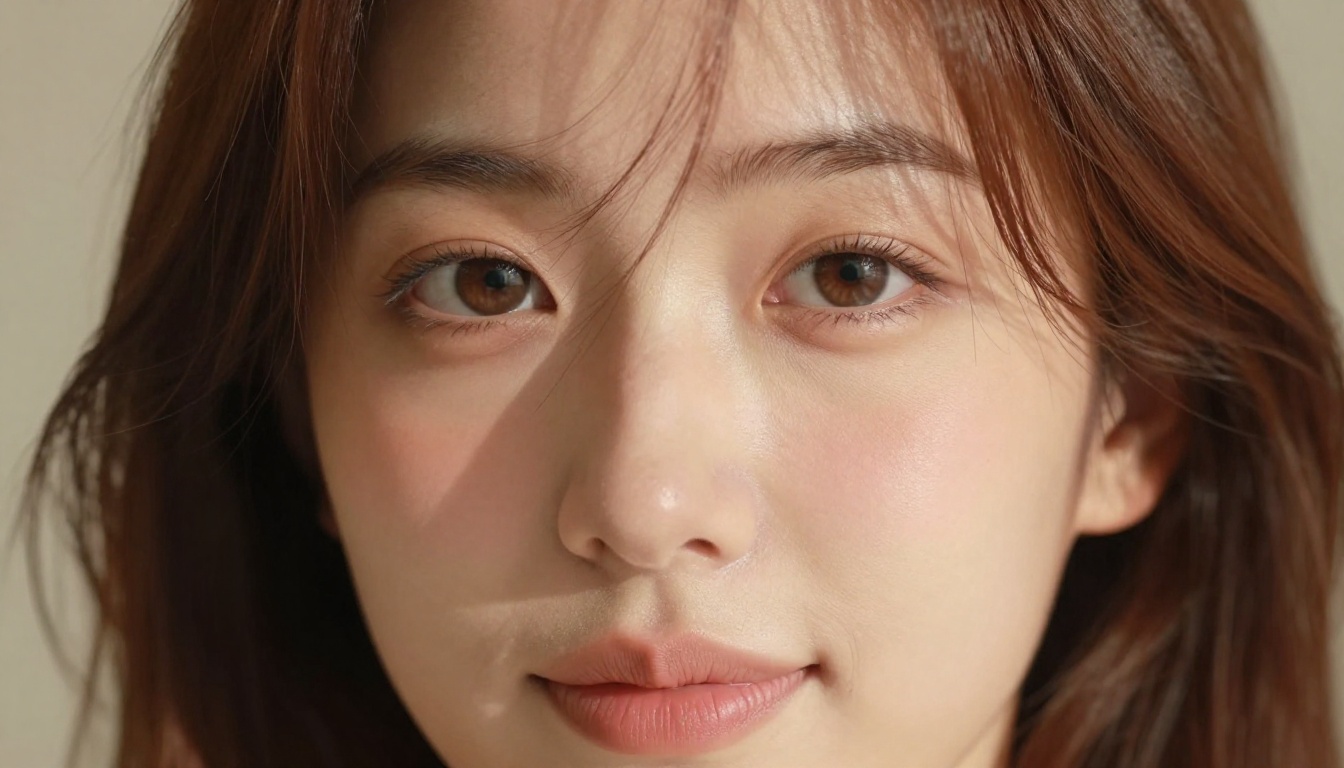 Close-up portrait of a young woman with soft almond-shaped brown eyes looking shyly to one side, lower lip caught gently between her teeth in a restrained smile, warm Rembrandt lighting