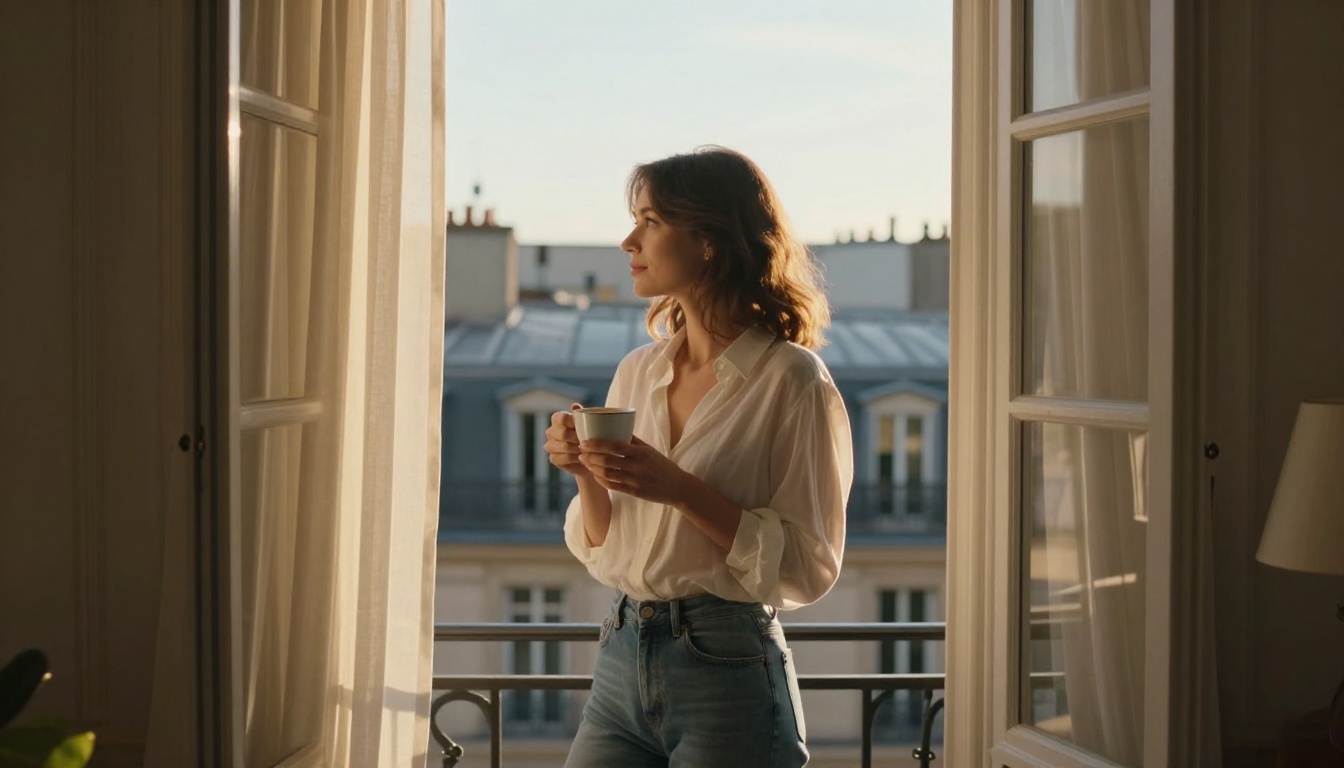 Woman in sheer white blouse at open Parisian apartment window with morning light and Paris rooftops