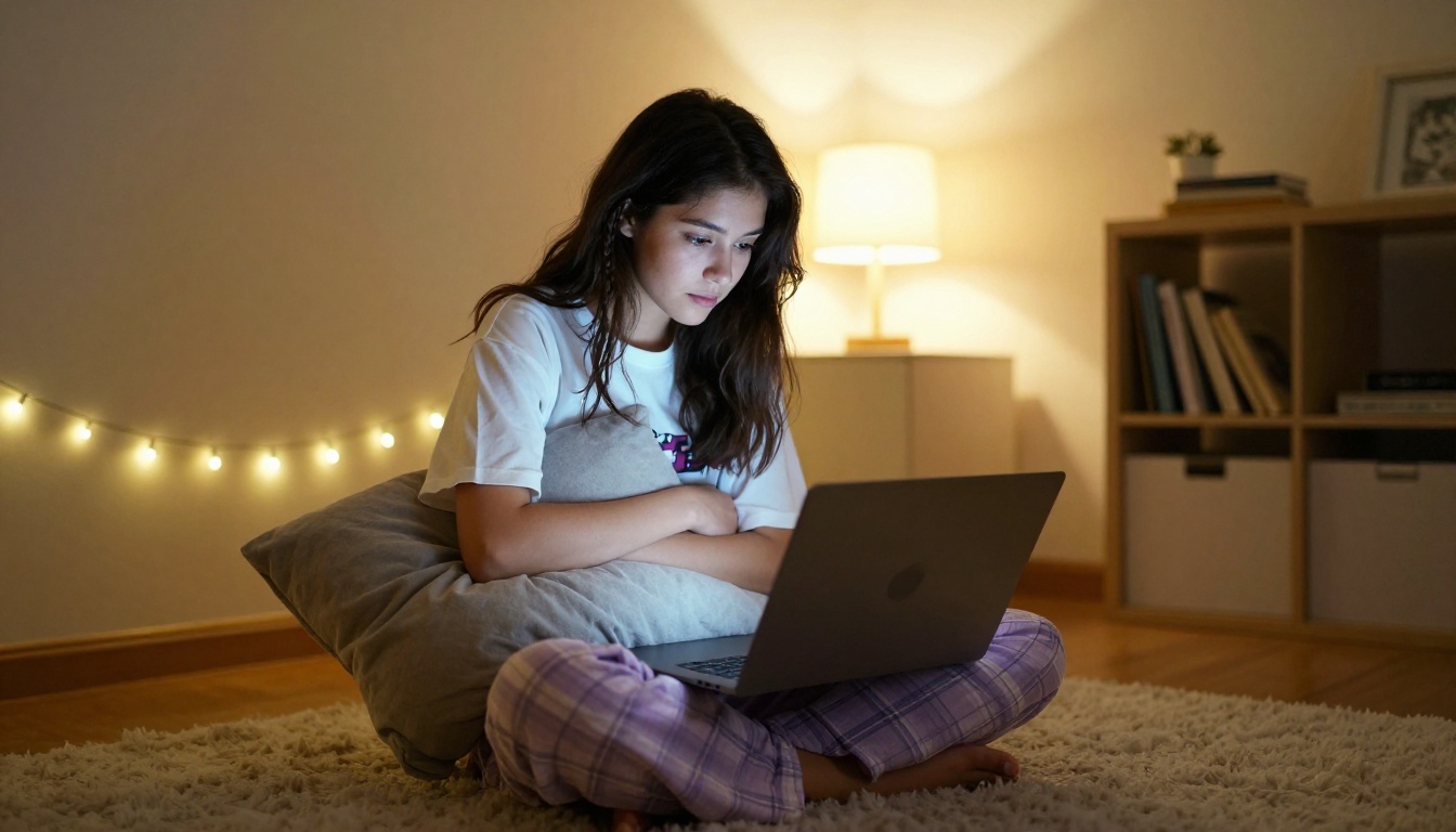 A young woman sitting cross-legged on a cozy bedroom floor against a cream-colored wall, hugging a large grey throw pillow, looking at a glowing laptop screen in warm amber light