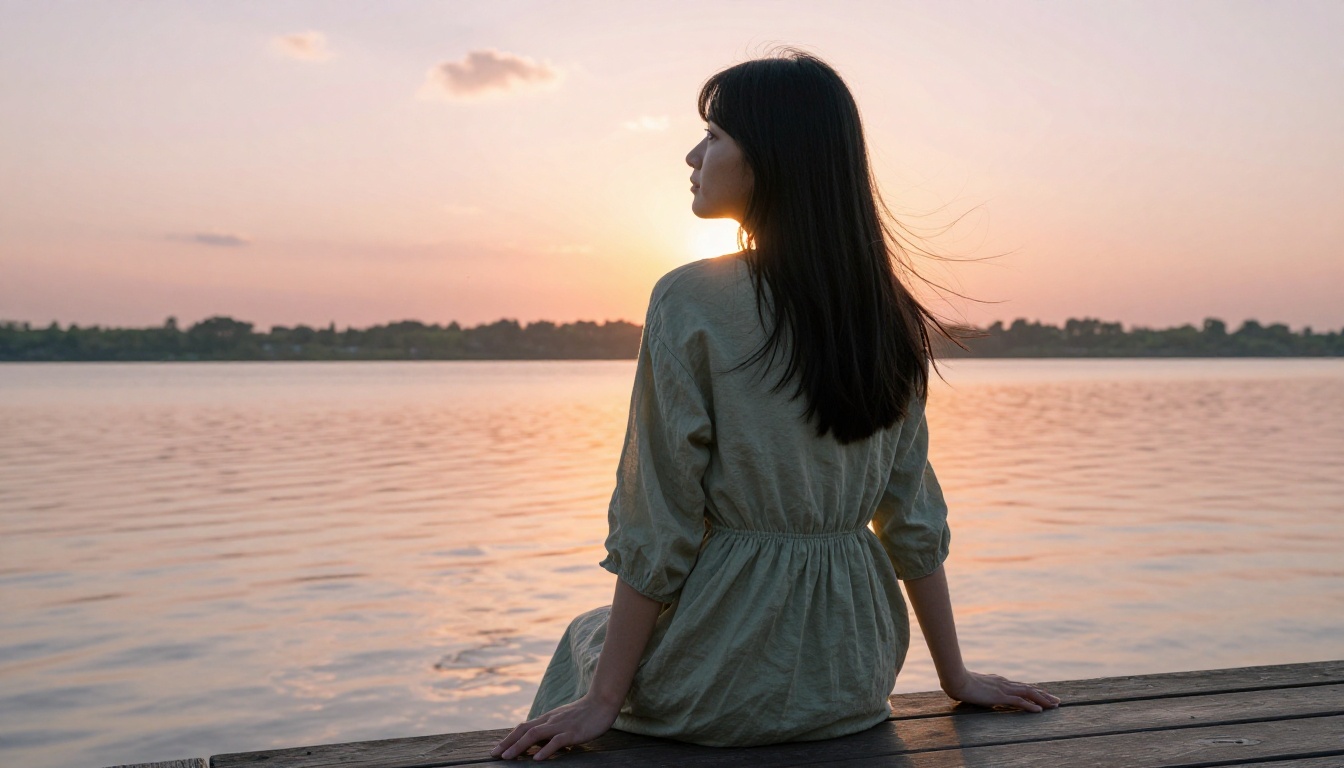 A young woman with straight black hair standing at the edge of a wooden pier over a calm reflective lake at golden hour, sage green linen dress catching the breeze, gazing quietly at the water