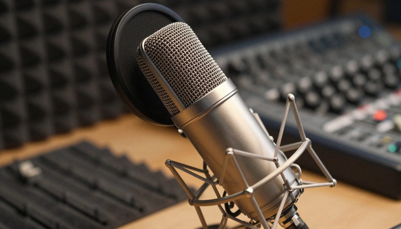Professional condenser microphone in a recording studio with acoustic foam panels