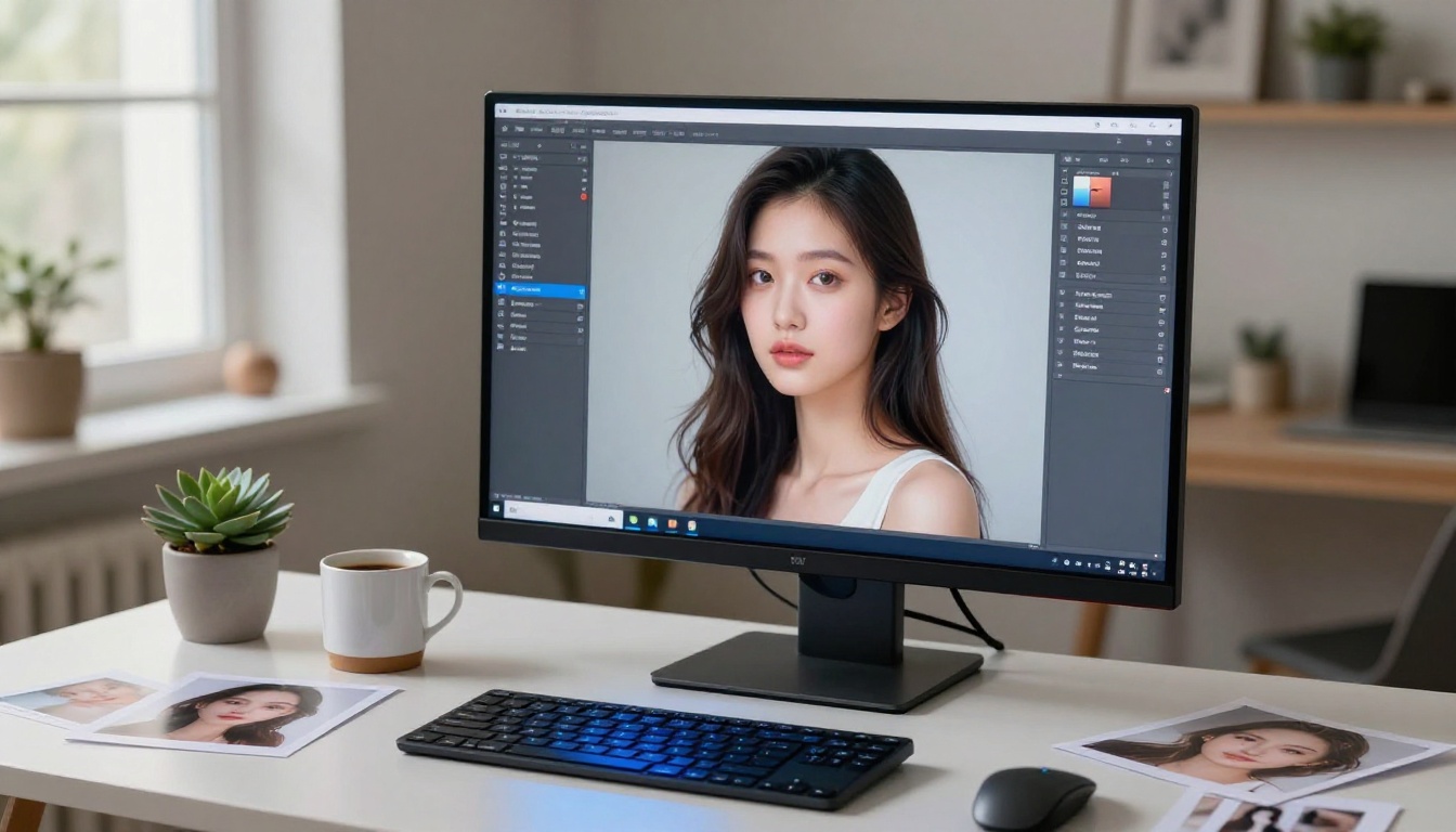 A desktop computer setup showing an AI image generation interface on a large monitor, displaying a soft-featured portrait, minimal desk with succulent plant and ceramic coffee mug