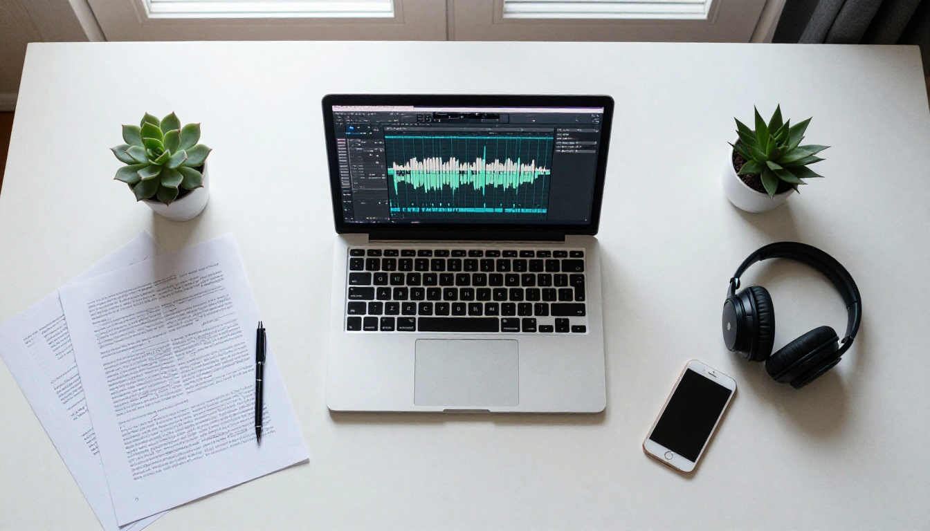 Aerial desk view with laptop, transcript papers, headphones, and audio waveform interface
