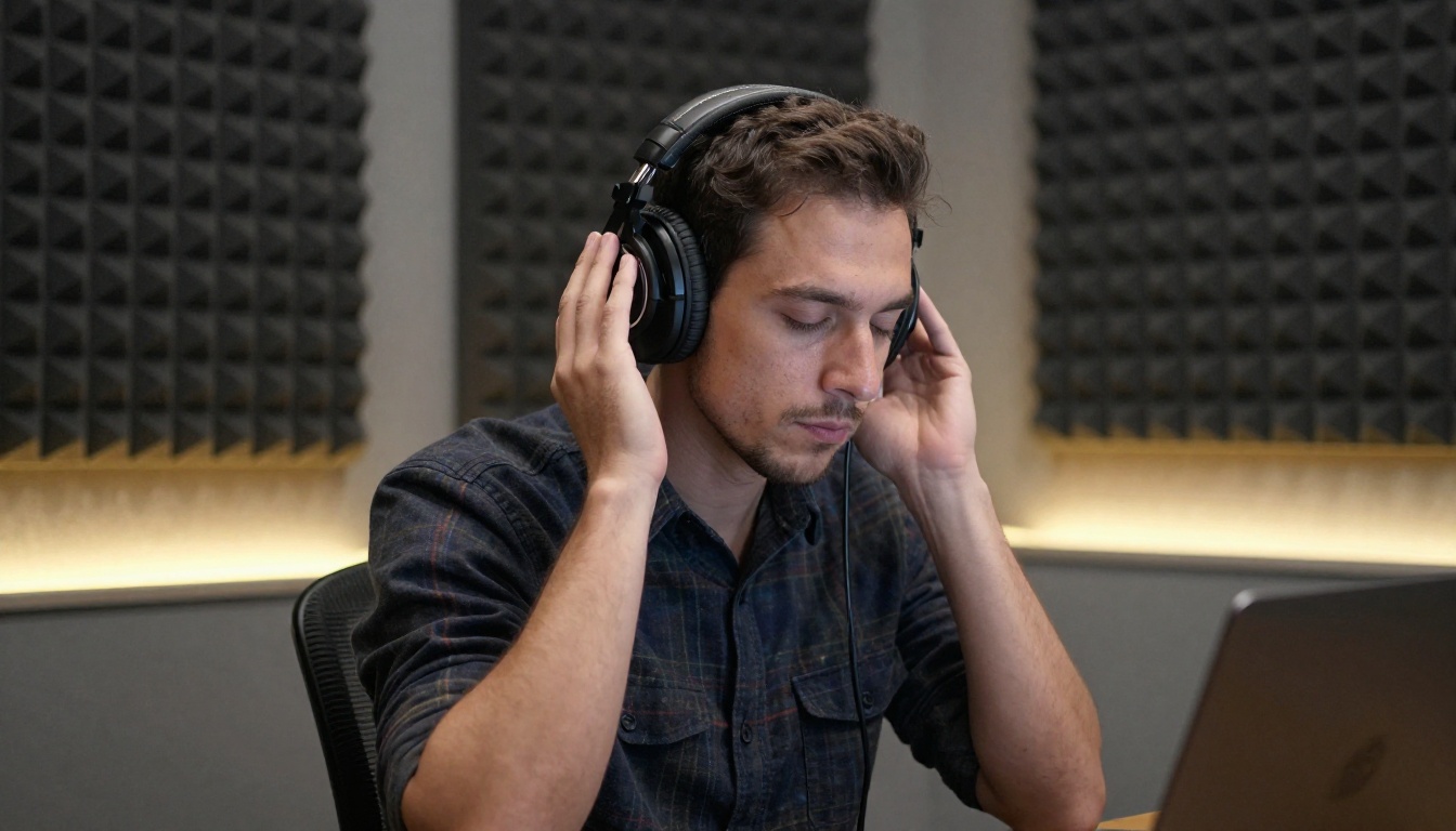 Man in recording booth with professional headphones listening to audio playback