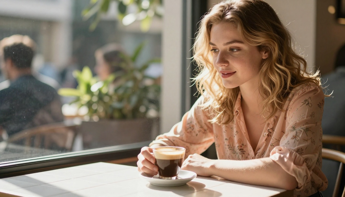 A young woman with wavy honey-blonde hair sitting in a sunlit cafe window seat, lips parting in the faintest surprised smile, strong morning light streaming through the window