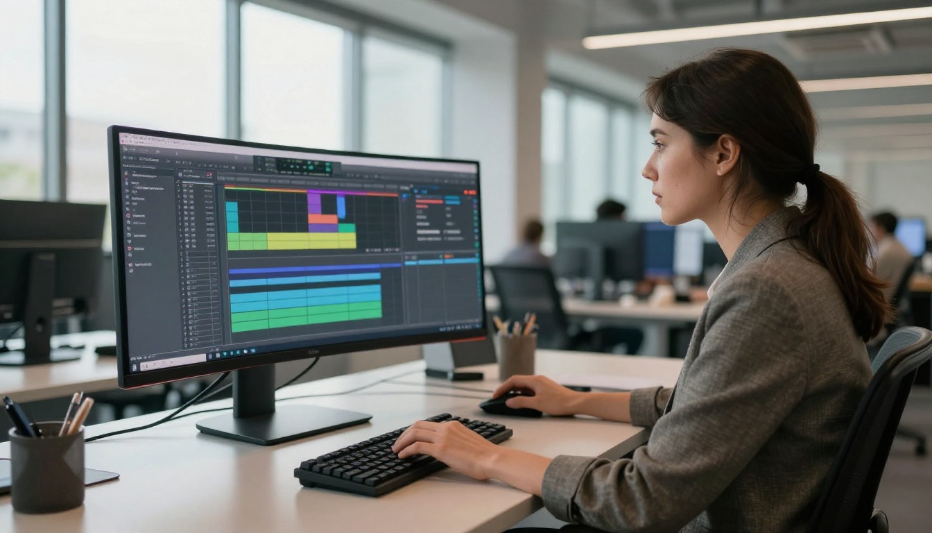 Woman at a standing desk working with audio waveform tracks in a digital audio workstation