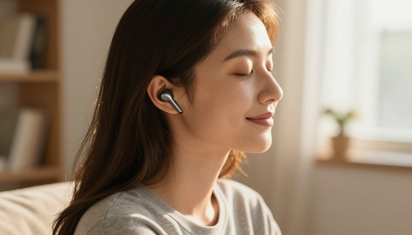 Side profile of a young woman wearing wireless earbuds, eyes closed, lips curved in a quiet private smile, late afternoon light creating a warm golden halo around her profile