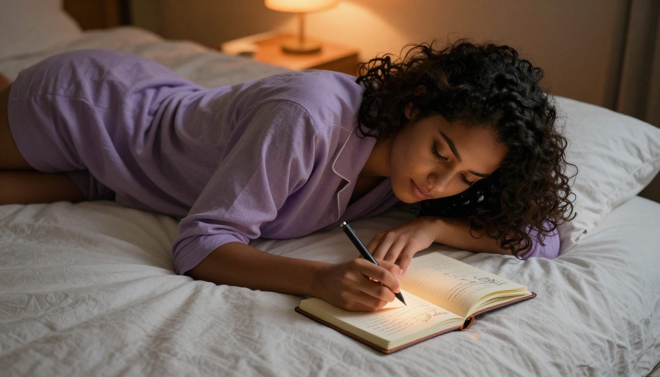 A young woman lying on her stomach on a bed with white linen sheets, propped on her elbows, writing in a small leather journal, warm amber bedside lamp glow casting a soft circle of light