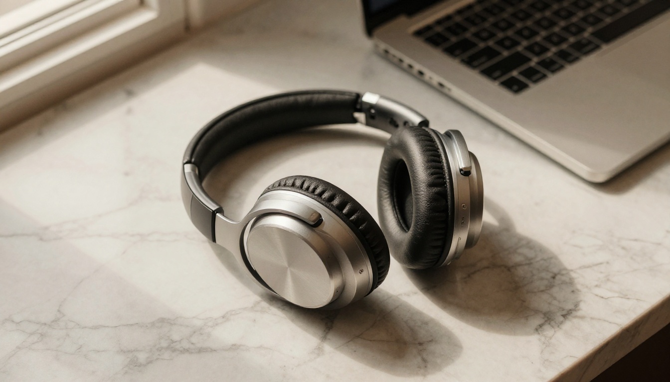 Premium over-ear headphones on marble surface beside a laptop
