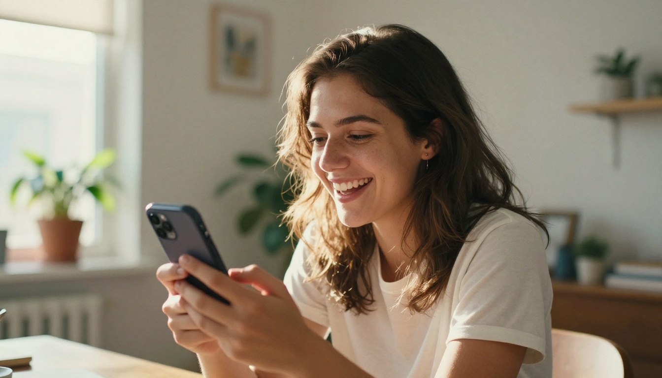Young woman laughing naturally while looking at a smartphone in a sunny home setting