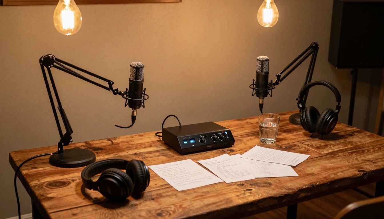Podcast recording studio setup with two microphones, audio interface, and handwritten notes