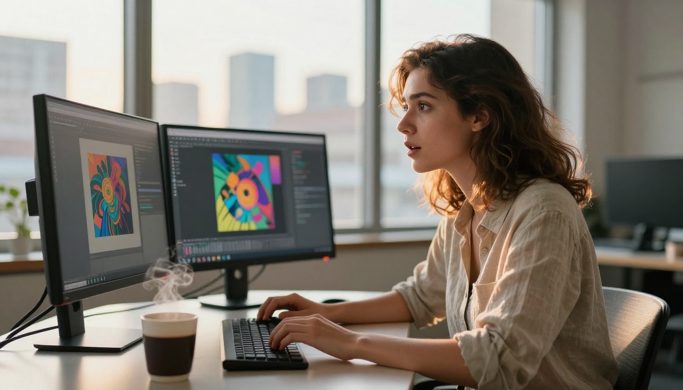 Monitor on a clean white desk showing side-by-side AI-generated landscape photos, studio lighting from overhead softbox Monitor on a clean white desk showing side-by-side AI-generated landscape photos, studio lighting from overhead softbox