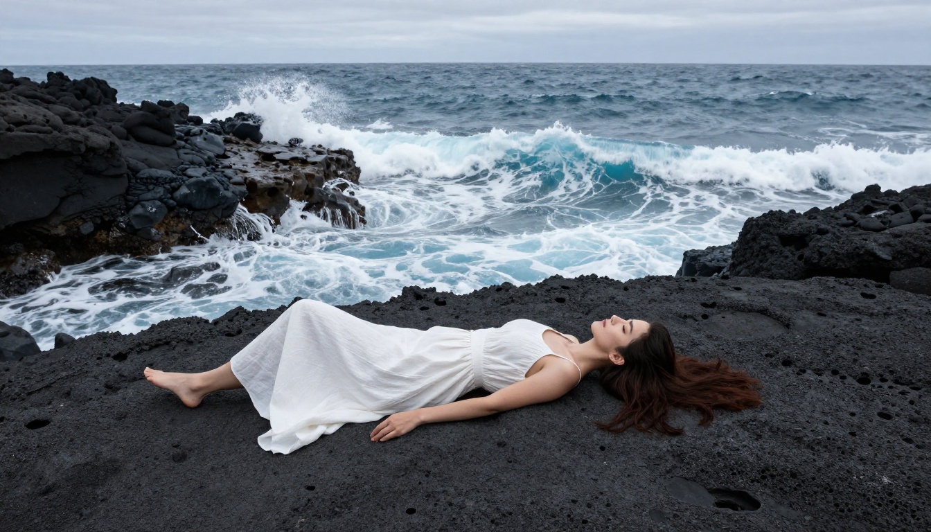 Woman in white linen dress on volcanic rocks in Iceland with dramatic ocean