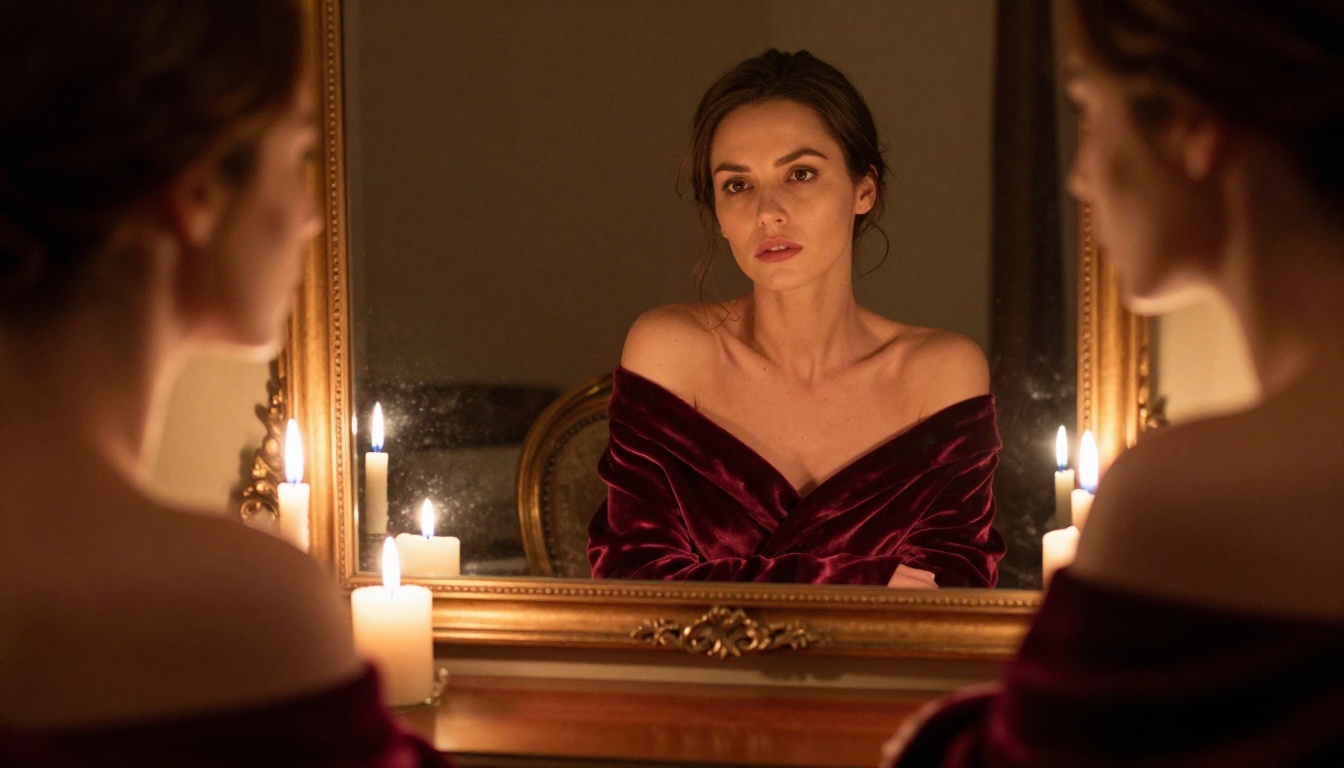 Woman in burgundy velvet robe at art-deco vanity with candlelight