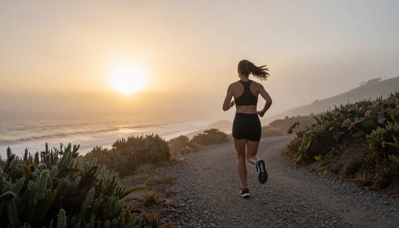 Athletic woman in sports bra running along misty coastal trail at dawn