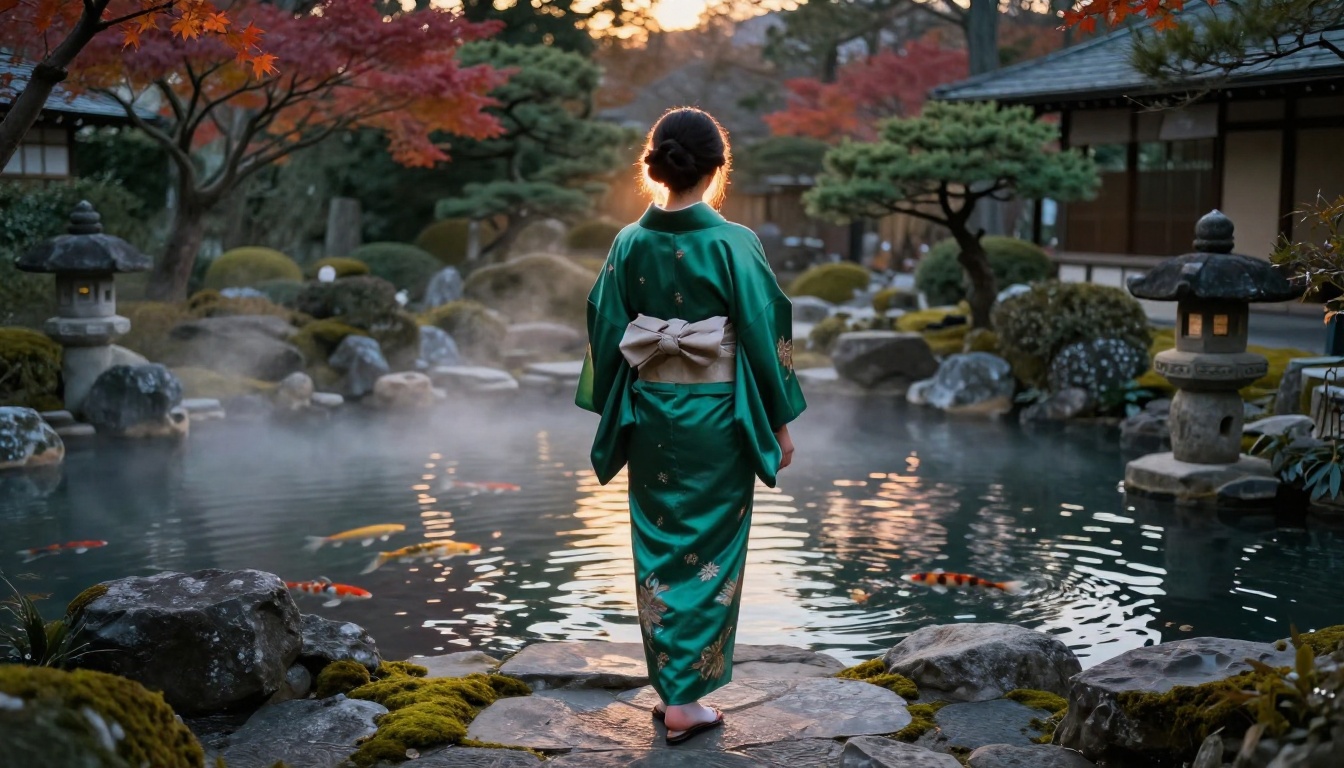 Woman in emerald silk kimono robe in Japanese onsen garden at dusk