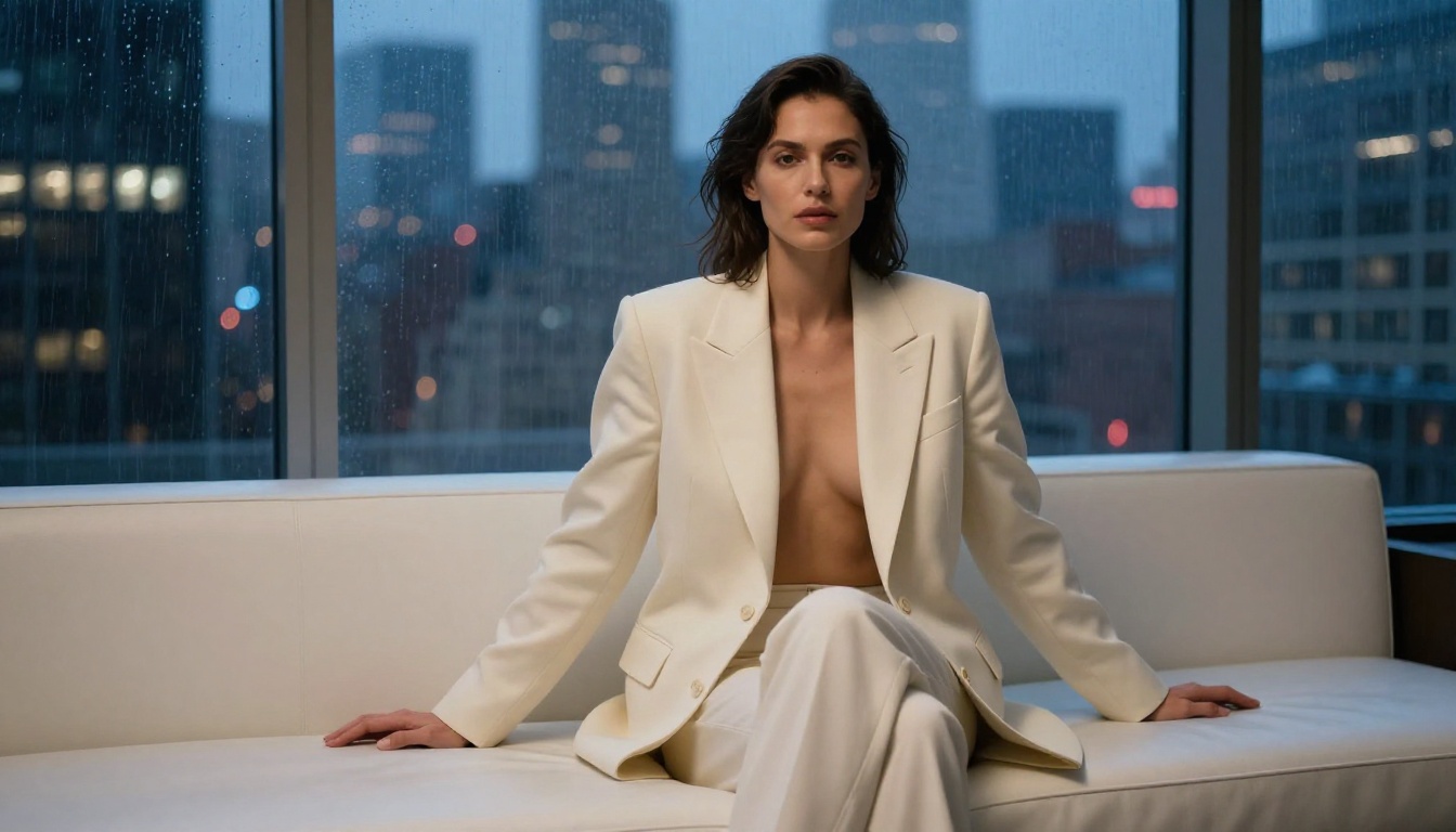 Woman in cream blazer in Manhattan penthouse overlooking rainy skyline at night